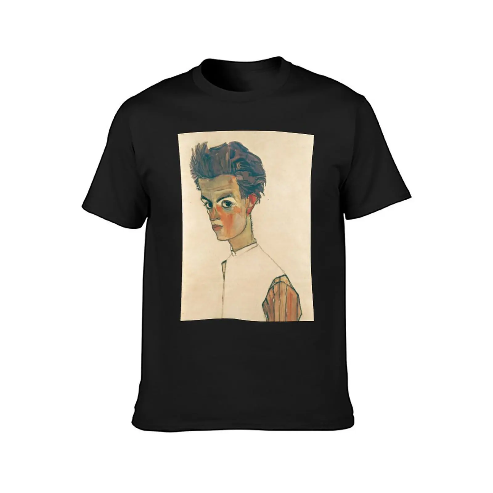 Egon Schiele - Self-Portrait with Striped Shirt (Selbstbildnis mit gestreiftem Hemd) (1910) T-Shirt Blouse plain Men's t shirts