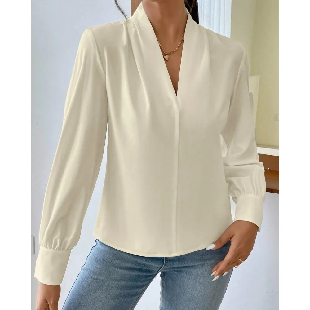 Elegant Office Lady Multi-color Pullover Shirt 2024 Autumn Winter New Long Sleeved Shirts V-neck Solid Color Loose Blouse Blusas