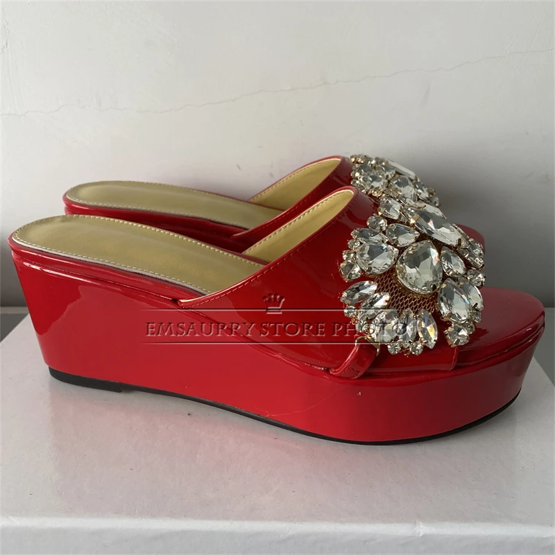 Luxury Rhinestone Diamond Buckle Decor Mules Quality Patent Leather Slingbacks High Platform Wedges Summer Sandals Women