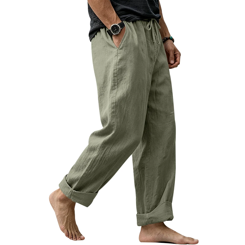 Sommerliche Herren-Leinenhose, Lässige Hawaiian-Hose mit Elastischem Kordelzug, Atmungsaktive Gerade Lange Hose mit Taschen für Alltag und Zuhause – Detail 20