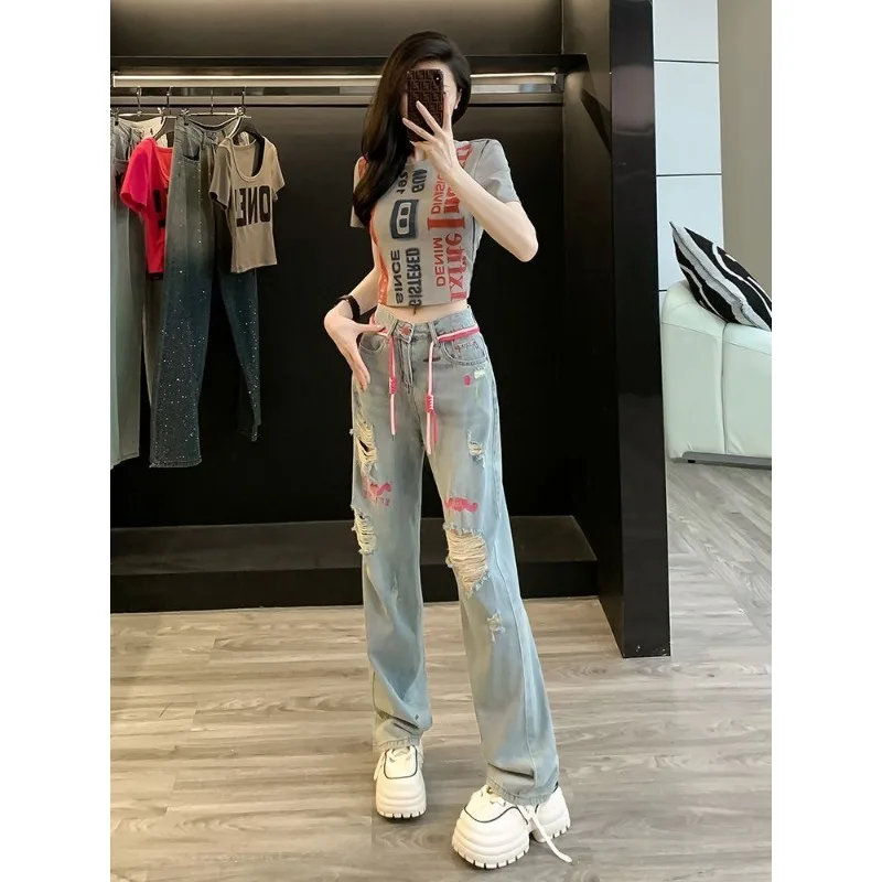 Women Two Piece Sets Denim Cropped Tops Suit Summer Fashion T-shirt Leisure New Short Sleeved T-shirt Hole Jeans Womens Outifits