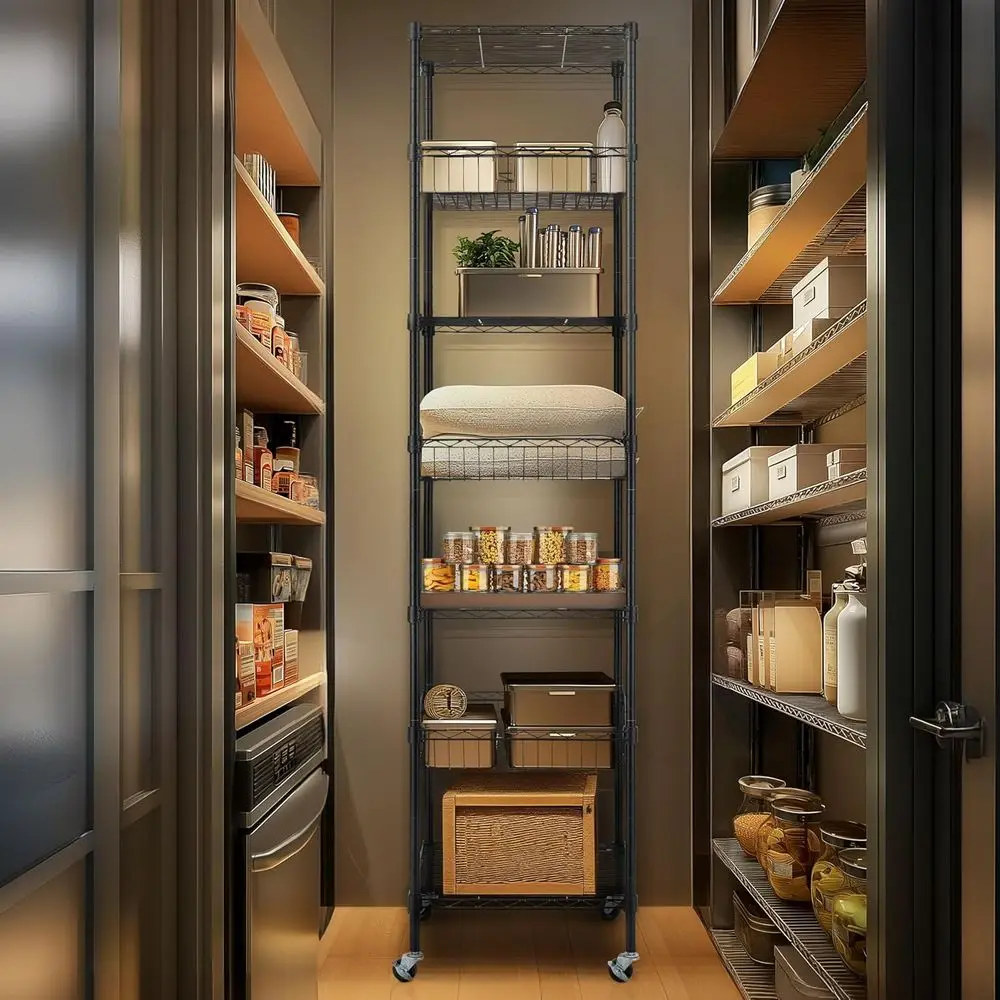 رفوف سلكية شديدة التحمل مكونة من 7 طبقات بعجلات، مقاس 18 × 18 × 78.8 بوصة، رف تخزين للمطبخ/الحمام/المكتب، معتمد من NSF، باللون الأسود