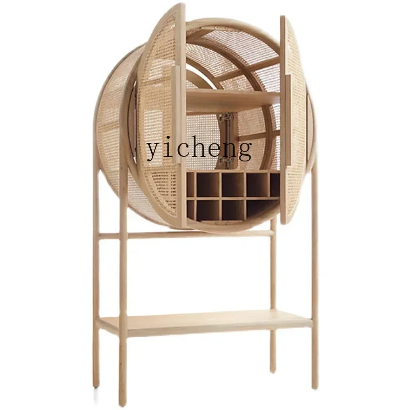 

Solid Wood Sideboard Small Apartment Living Room Vintage Rattan Storage Cabinet Designer Cabinet