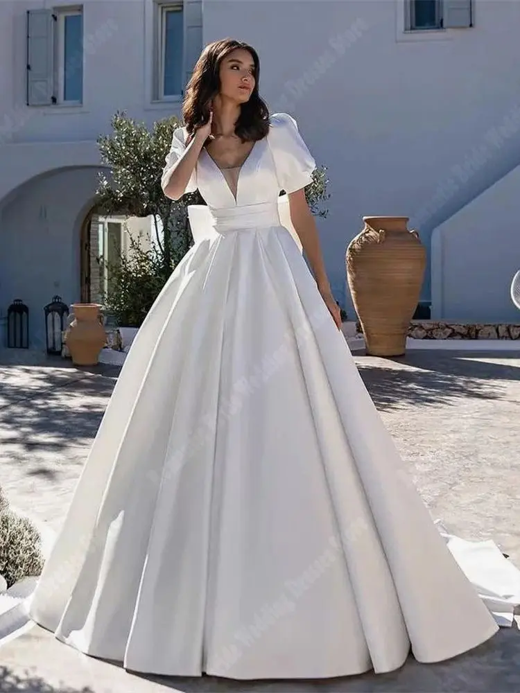 Женское платье с V-образным вырезом, романтичное атласное платье невесты, длинное платье с пышной юбкой