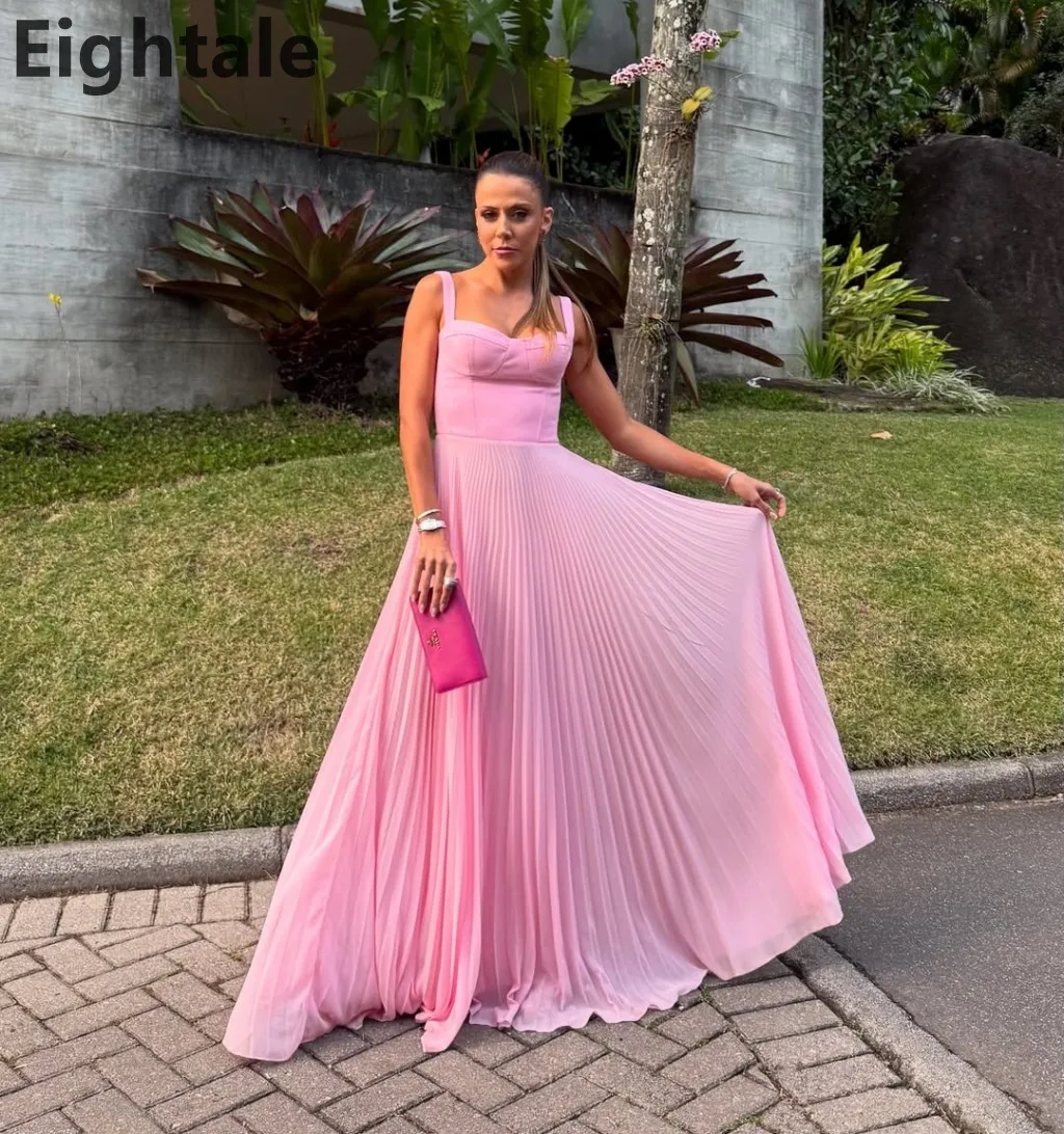 에이타일 2025 핑크 A라인 쉬폰 맥시 이브닝 드레스 스파게티 스트랩 사우디 아라비아 프롬 드레스 두바이 파티 가운 맞춤 제작