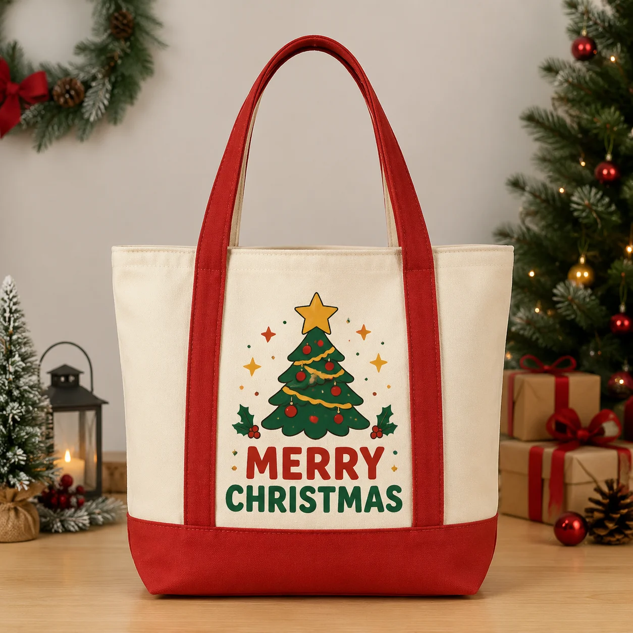 Custom Canvas Tote Bag Christmas Tree Snowflake Custom Name Logo Text Large Shopping Gift Handbag For Women Family Party Gifts