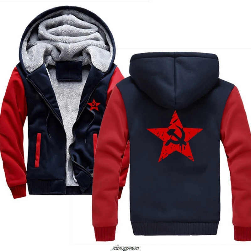 

2020 Casual Hooded Warm Sweatshirts Male Thicken Tracksuit CCCP Red Star Hammer sickle Fashion Hoodie Coats