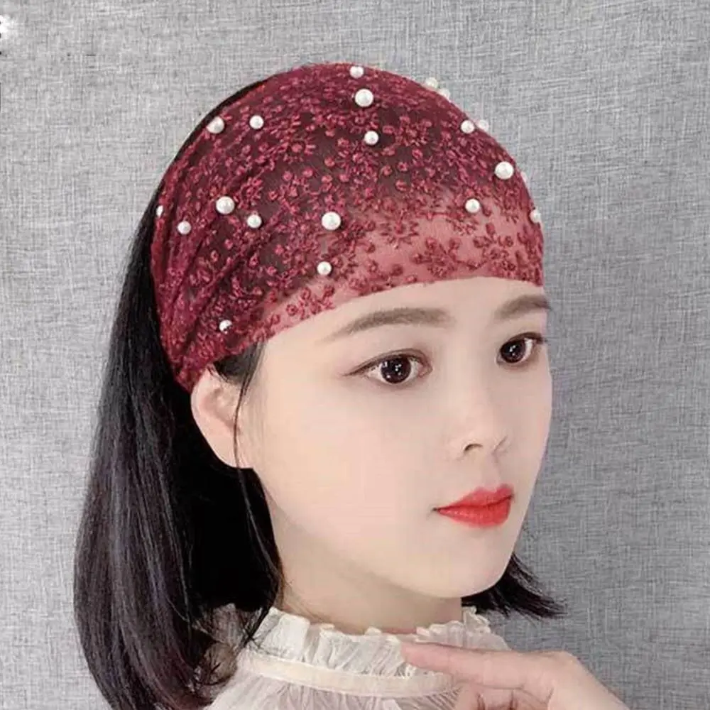 Sweet Vintage Face Wash Flower Make up Pearls Women Hair Accessories Organza Headband Korean Style Hair Wear Wide Side Hairband