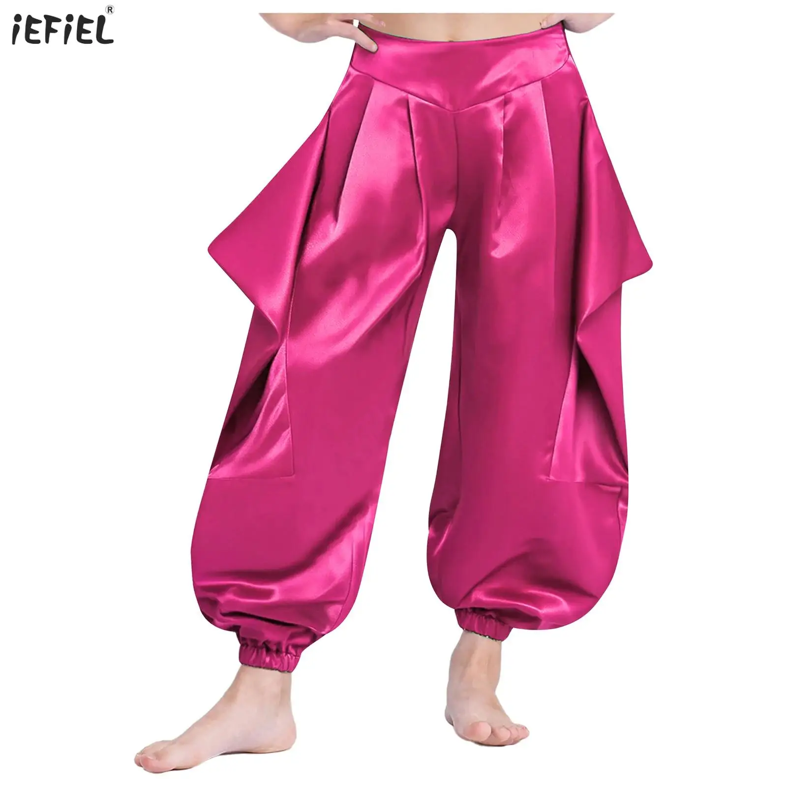 

Kids Girls Belly Dance Harem Pants Elastic Waistband Solid Color Ruffled Half Pants for Indian Dancing Performance Dancewear