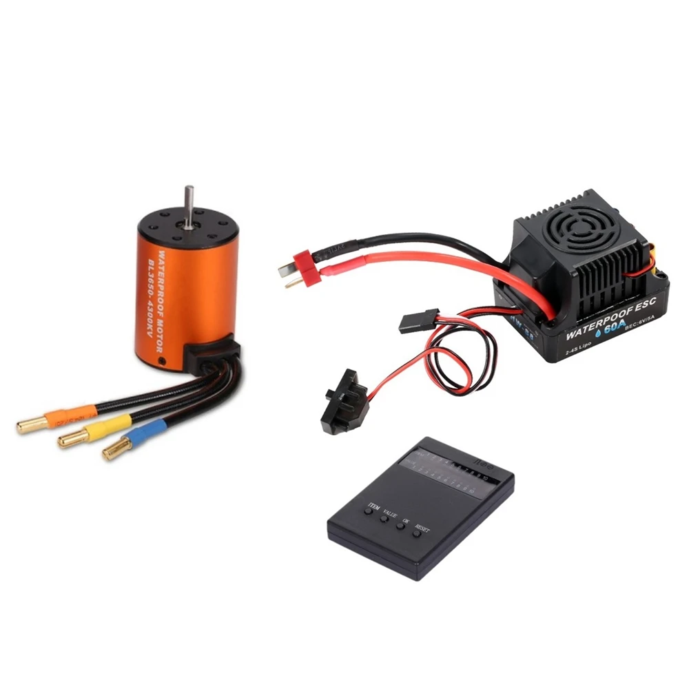 Waterproof 3650 4300KV Brushless Motor with 60A 2-4S Lipo ESC Programming Card Combo Set for 1/10 RC Car Truck