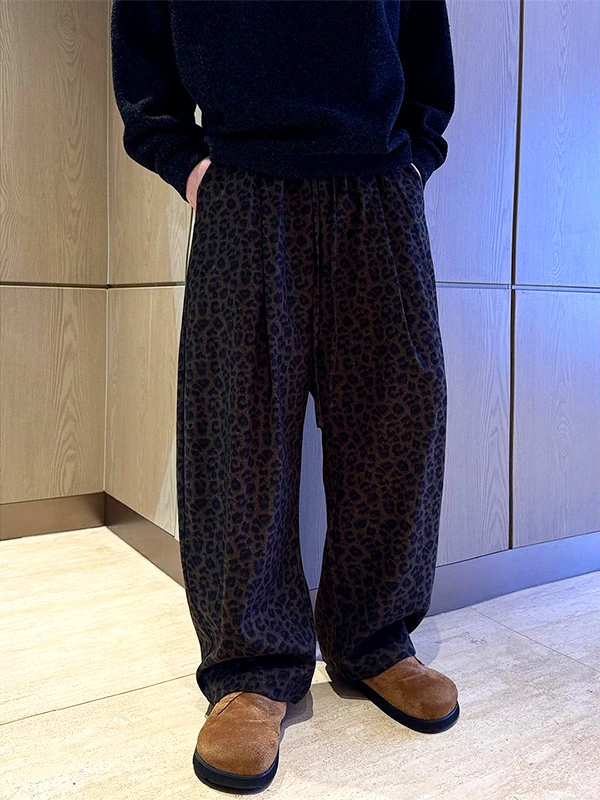 

Waed Brown Leopard Print Wide Leg Casual Trousers Men's Straight Cut Pants Autumn High Waist Elastic Faionable Casual Lon...