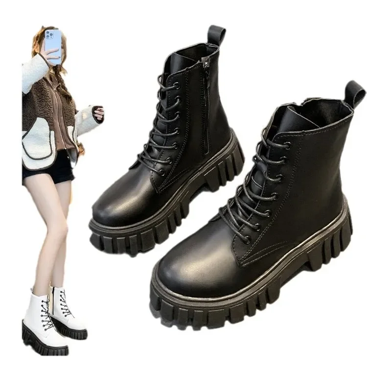 

British style thick soled midsole women's leather boots with thick heels and lace up casual motorcycle boots