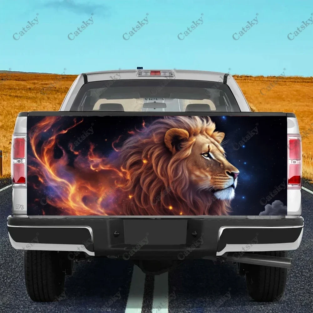 

Lion With Flames On Space Truck Tailgate Wrap Professional Grade Material Universal Fit for Full Size Trucks Weatherproof