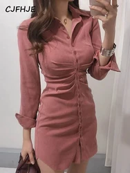 Mini Schlank Hohe Taille Solide Vestido Mujer Shirts Schlank OL Retro Alle-spiel Temperament Rosa Revers Einreiher Wrap hüfte Kleid