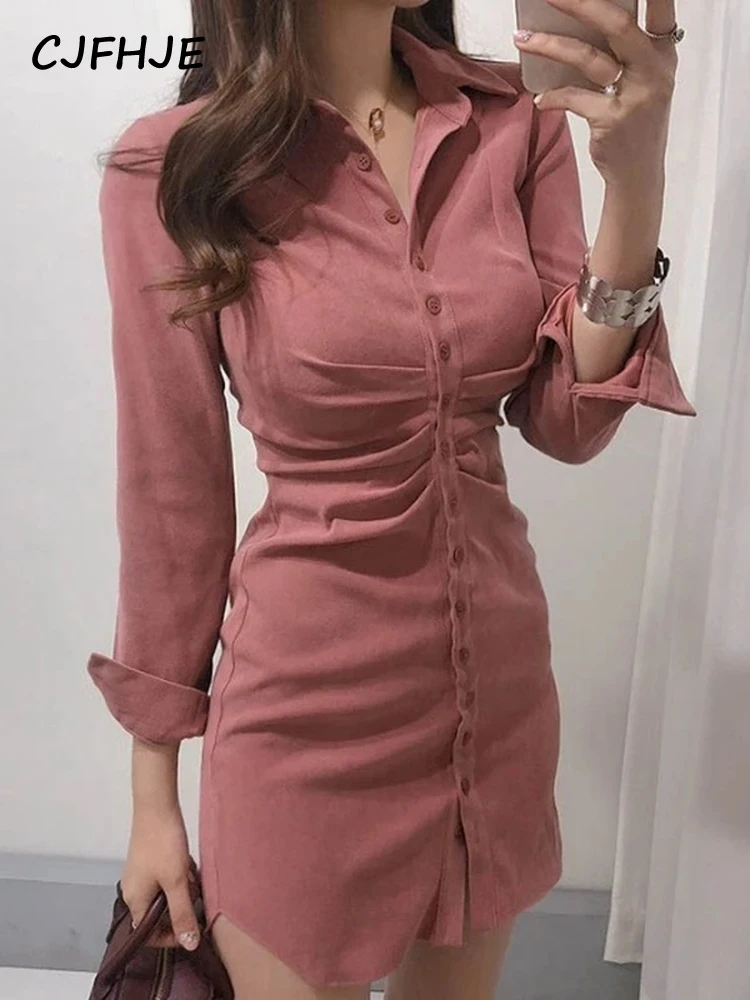 Mini Slim High Waist Solid Vestido Mujer Shirts Slim OL Retro All-match Temperament Pink Lapel Single Breasted Wrap Hip Dress