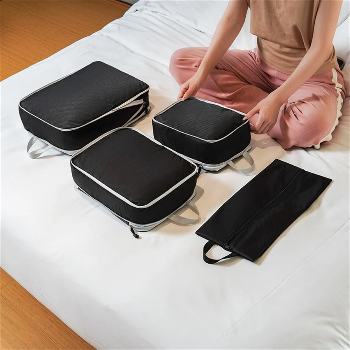 

4 Piece Set L+M+S+Shoe Bag, Mother And Child Bag, Travel Luggage Storage Bag Set, Luggage Clothing Sorting, Compression Bag,