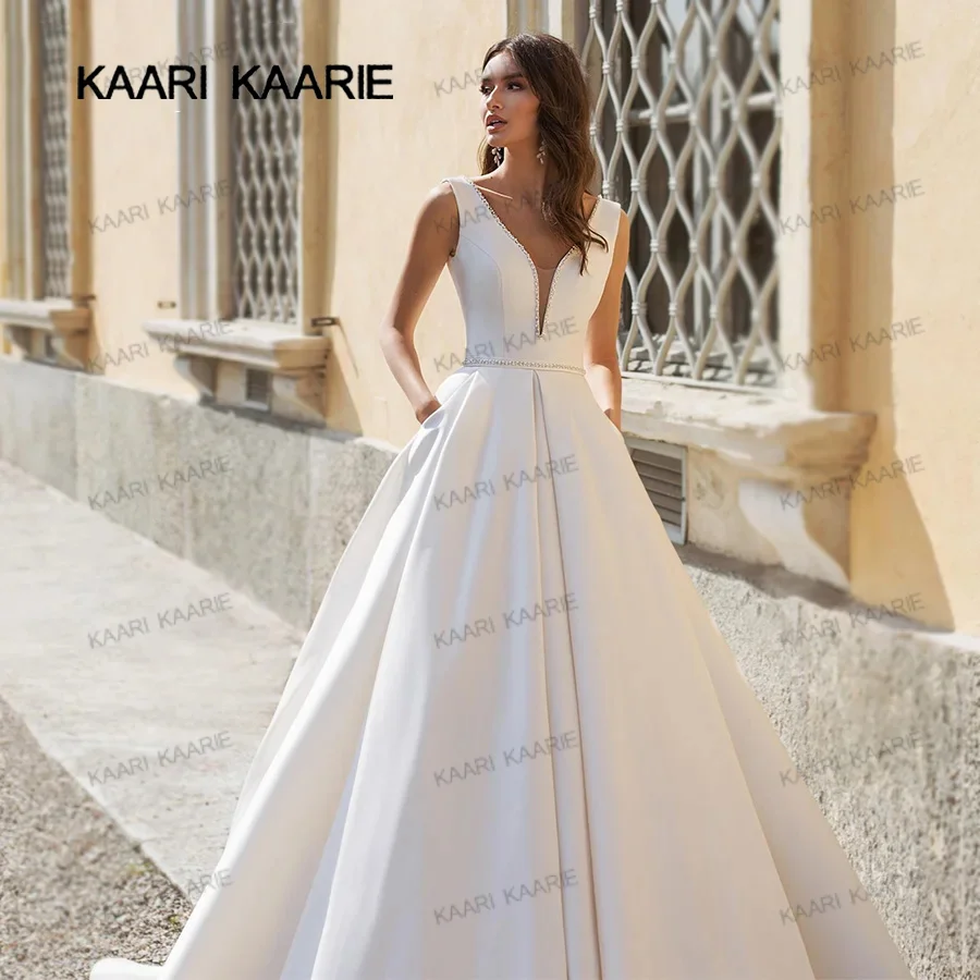 KAARI KAARIE Wedding Dress Sleeveless Bow A-Line O-Neck Open Back Satin Bride Gown 2024 Princess BECHOYER AT03 Plus Size