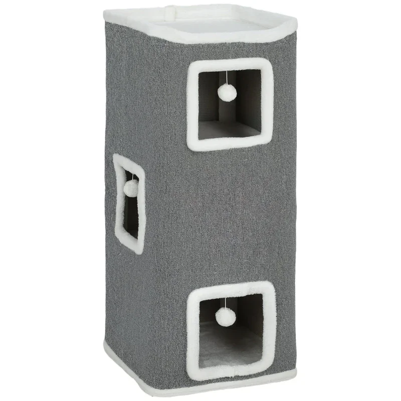 Arbre à chat gris à 4 niveaux avec 3 abris, griffoirs, corde en sisal et balles à jouer, construction en panneaux de particules, centre d'activités pour chats d'intérieur