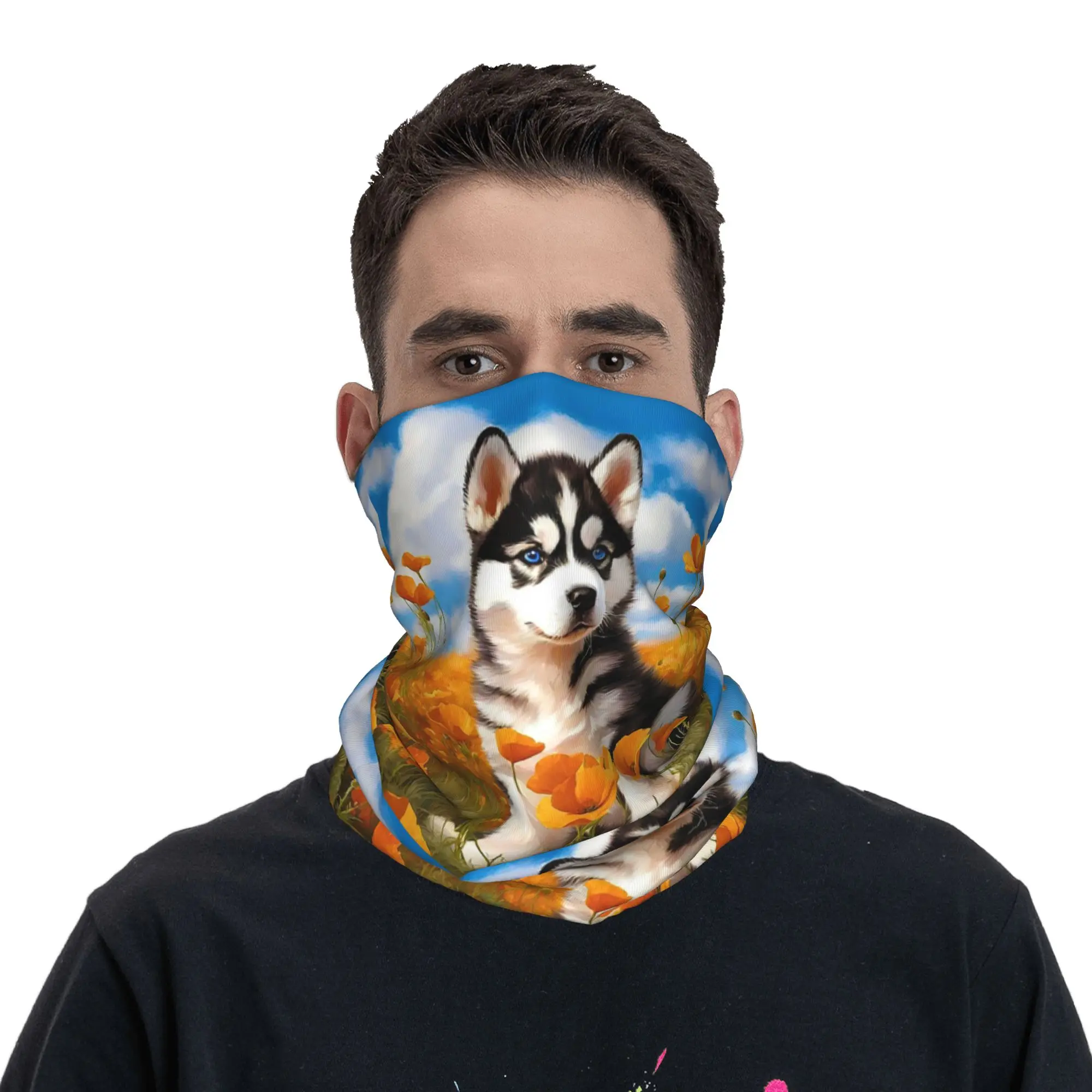 

California Poppy Siberian Husky Dog Puppy Bandana Neck Cover Printed Magic Scarf Headwear Cycling for Men Women Adult All Season