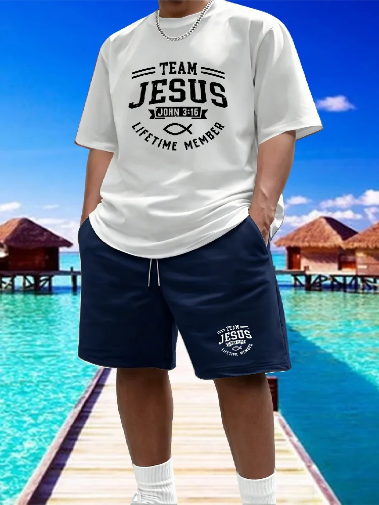Conjunto Casual de 2 Piezas para Hombre, Camiseta de Manga Corta con Estampado y Pantalones Cortos Elásticos, Traje Deportivo Ligero de Verano para Hombre