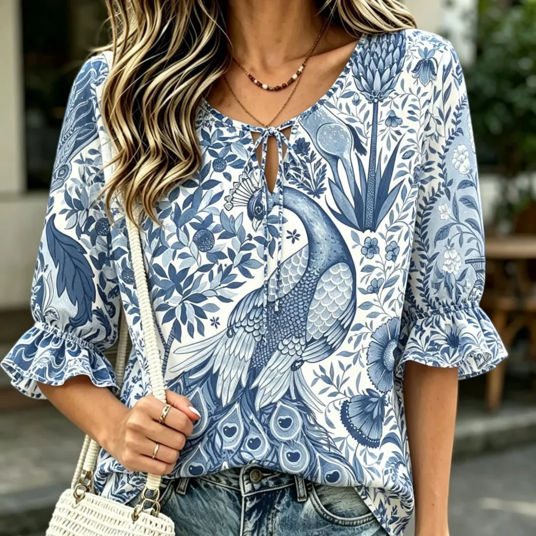 

Peacock Print Blue White Tie Neck Blouse Ruffle Half Sleeve Boho Casual Loose Fit Summer Top