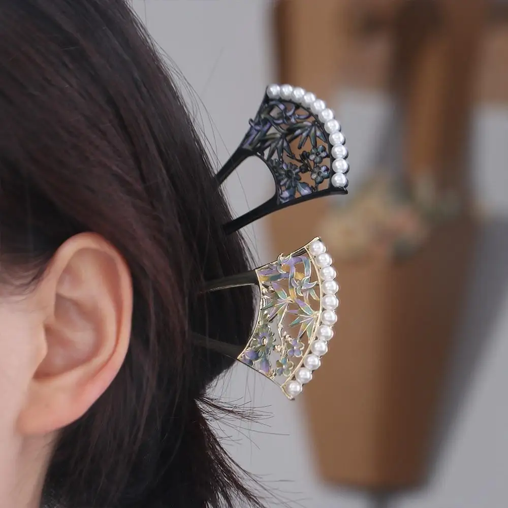 

Antique Pearl Fan Hair Stick U-shaped Hollow Hanfu U Shape Hairpin Chinese Style Hair Sticks for Buns for Women