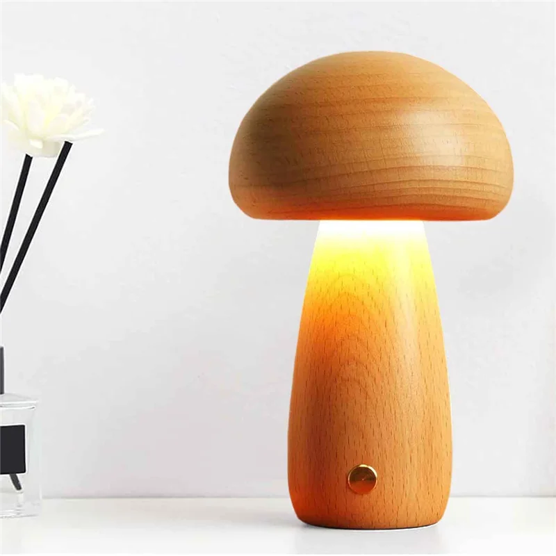 IALJ-Madeira criativa forma de cogumelo luz noturna lâmpada de mesa de cabeceira stepless escurecimento 3 cores recarregável luz de dormir nightlig