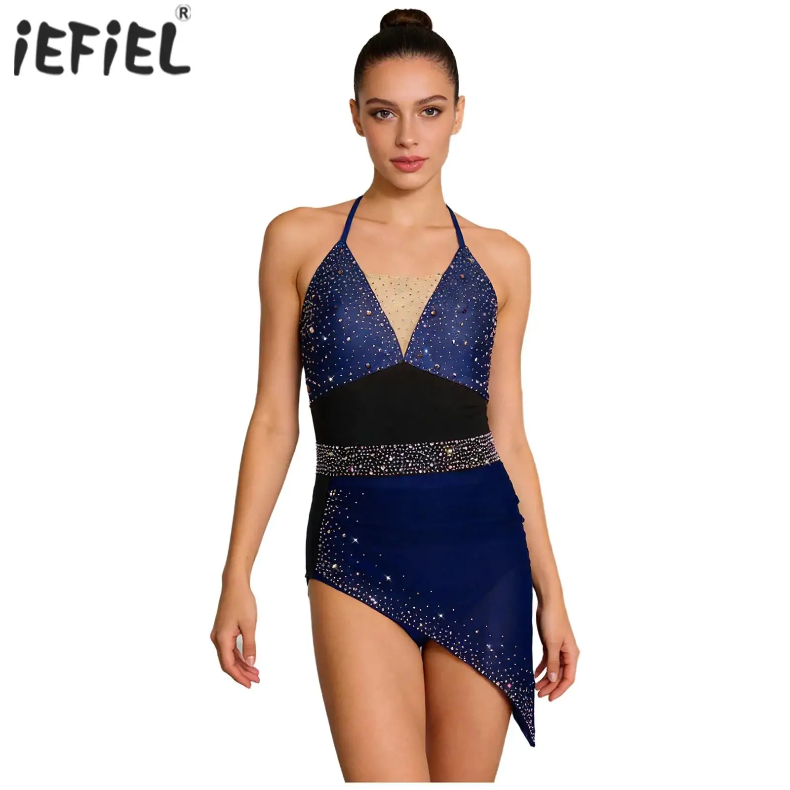 

Womens Gymnastics Leotards Figure Skating Performance Costume Glittery Rhinestone Ruched Ballet Jersey Sling Overlay Bodysuit