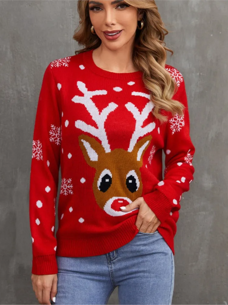 Sweter Natal Kartun Musim Gugur dan Musim Dingin Sweter Rajutan Pullover Leher O Sweter Pesta Longgar Kasual Elegan Fashion Baru
