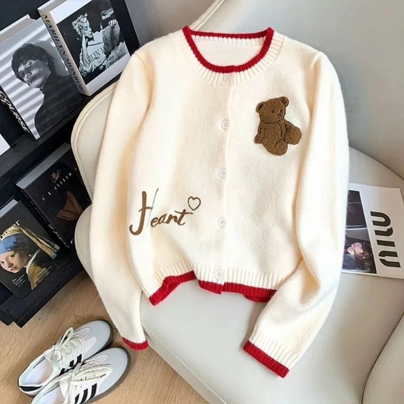 Cute Bear Contrasting Color Embroidered Knitted Cardigan Women\'s New Round Neck Loose Outer Short Top