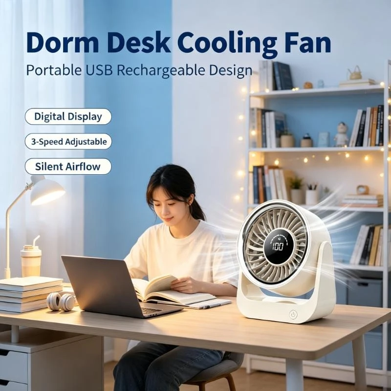 USB Rechargeable Desk Fan with Digital Display Silent Portable Air Circulator 3-Speed Adjustable for Office Dorm Home Use