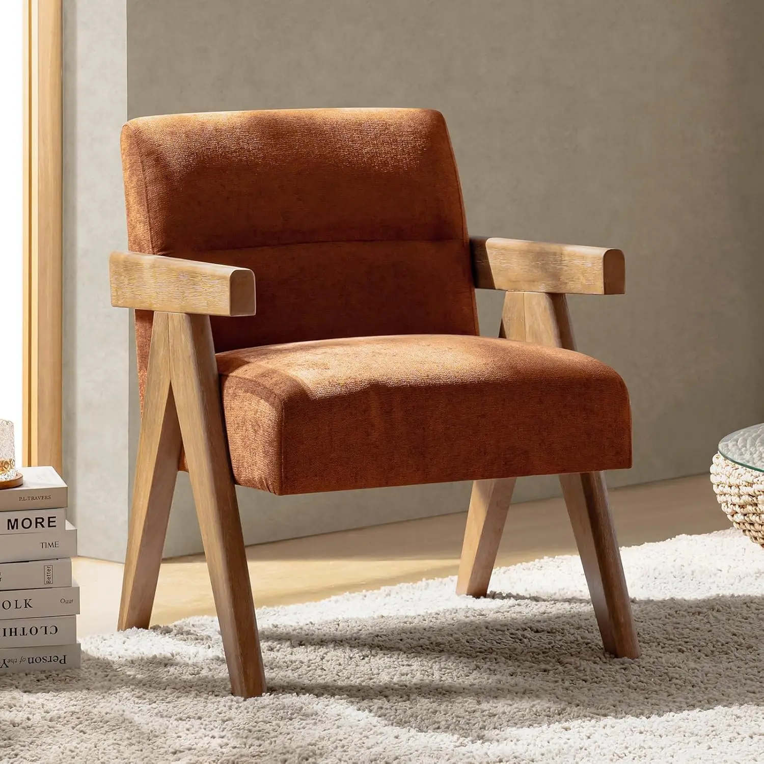 #Modern Upholstered Accent Arm Chair Solid Wood Frame Padded Seat Back Living Room Bedroom Ivory