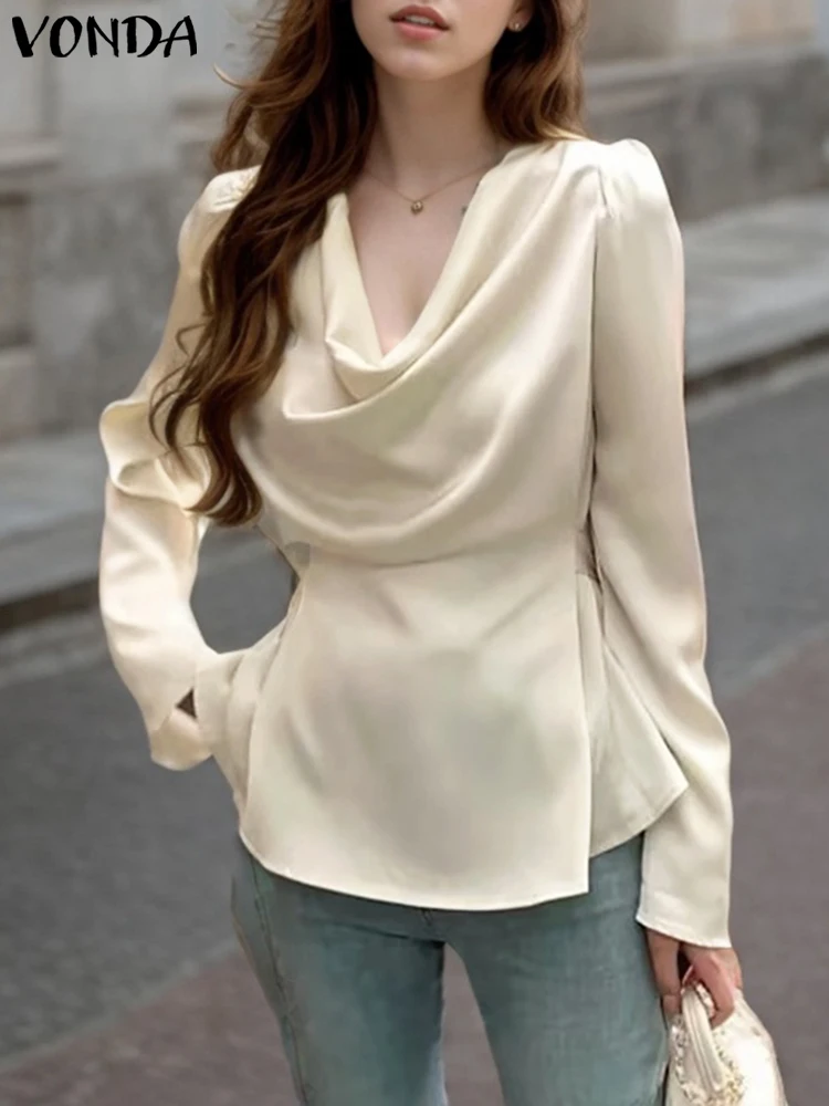 VONDA Women Elegant Blouses 2024 Long Sleeve Satin Silk Tops Casual Pile Collar Blusas Solid Color Pullover Lady Office Tunics