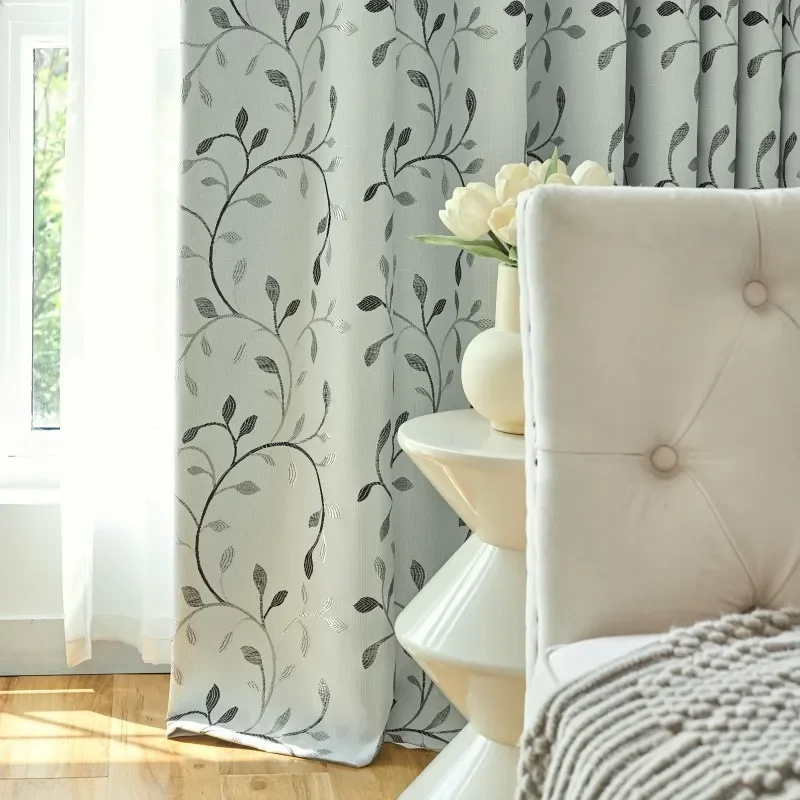 

Simple Modern Half Blackout Jacquard Leaf Cotton Linen Small Fresh Pastoral Window Curtains for Living Dining Room Bedroom Home