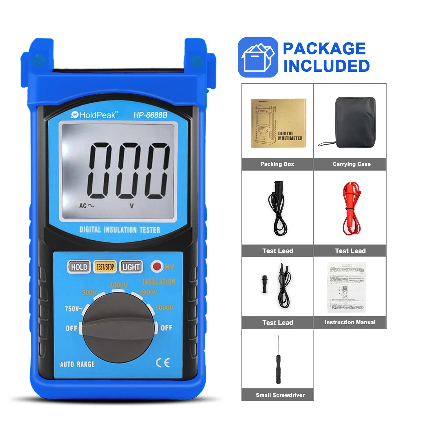 HoldPeak HP-6688B Digitale isolatieweerstandstester 5000V Professioneel spanningsmeetinstrument Auto Range draagbare tester