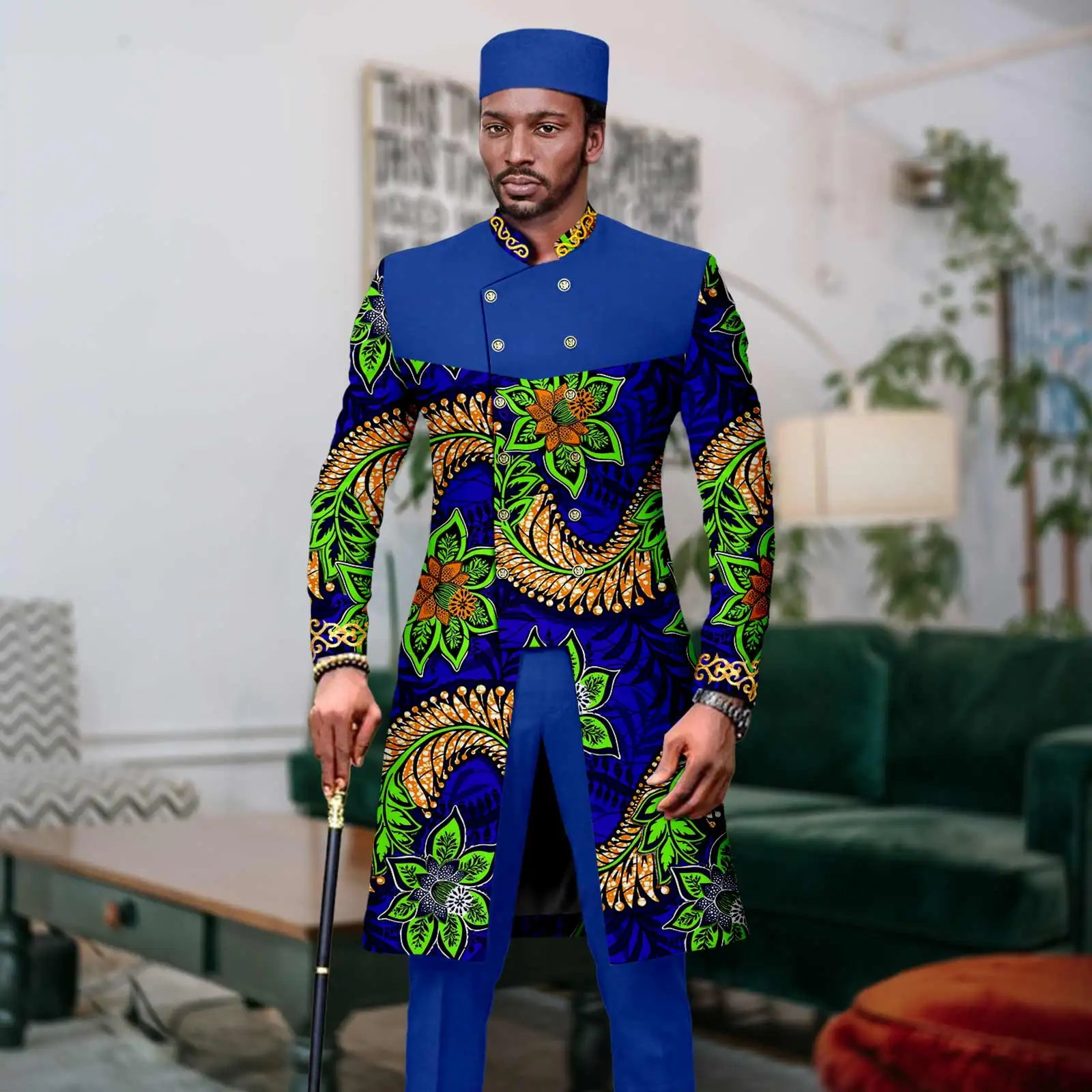 African Men Suit Dashiki Print Tuxedo for Wedding 3 PCS Set Slim Fit Embroidery Jacket and Pants Match Muslim Caps A2316062