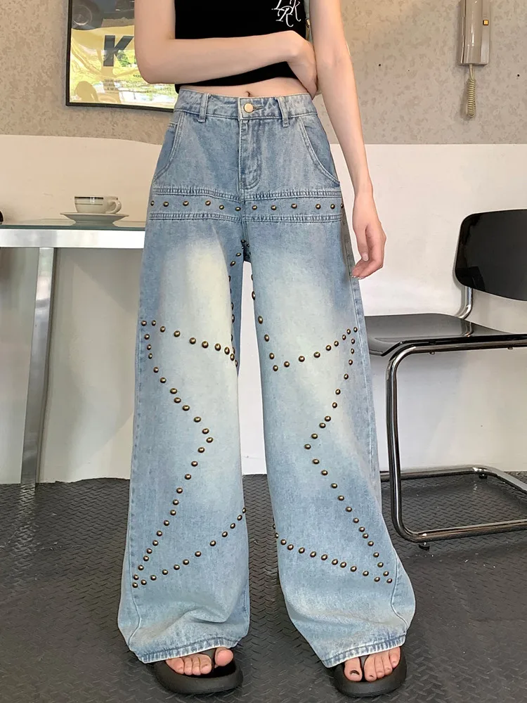 

2024 Trashy Y2K Streetwear Washed Blue Rivet Star Baggy Jeans Pants For Women Clothes Wide Leg New Rock Lady Punk Denim Trousers