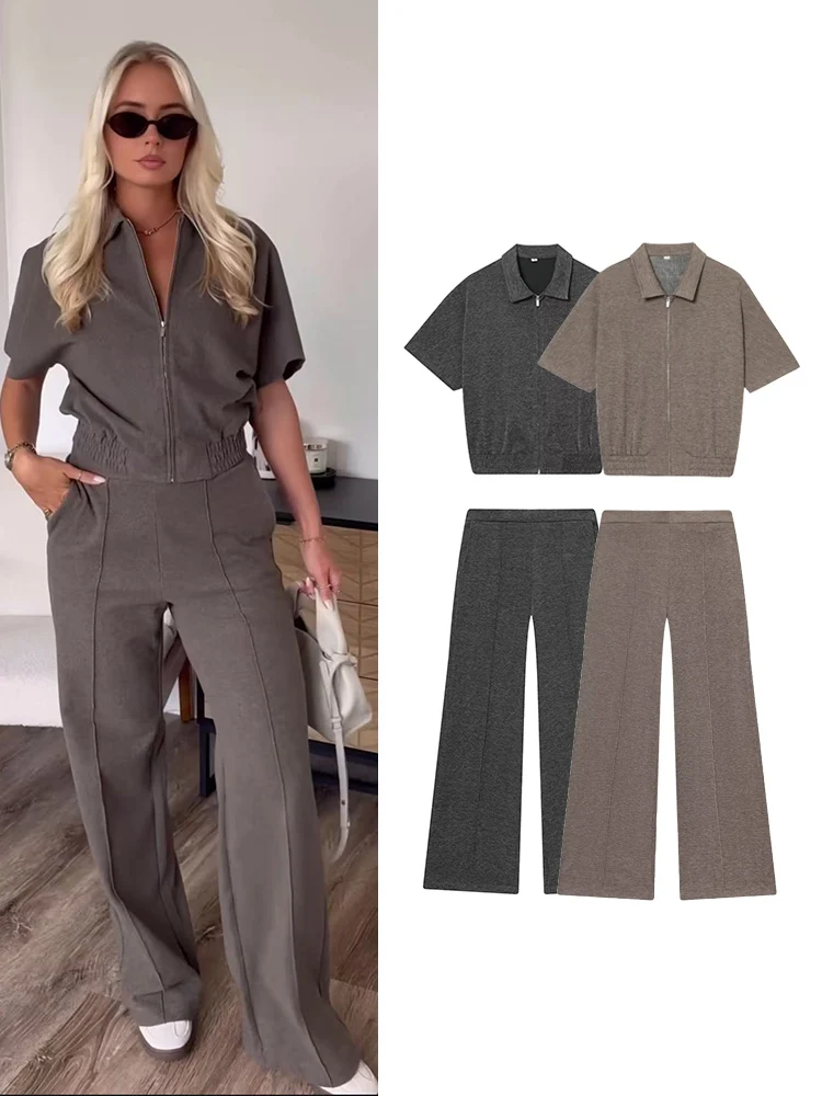 Tfmln feminino calça terno manga curta lapela zíper macio topos calças retas senhora elegante calças de perna larga chique senhoras conjuntos outono