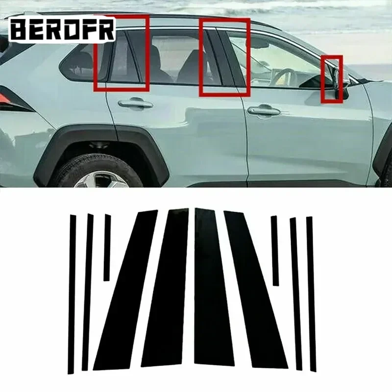 10Pcs/Set Black Car Door Window Pillar Posts Piano Trim Molding Cover Kit for TOYOTA RAV4 XA50 2019 2020 2021 2022 2023