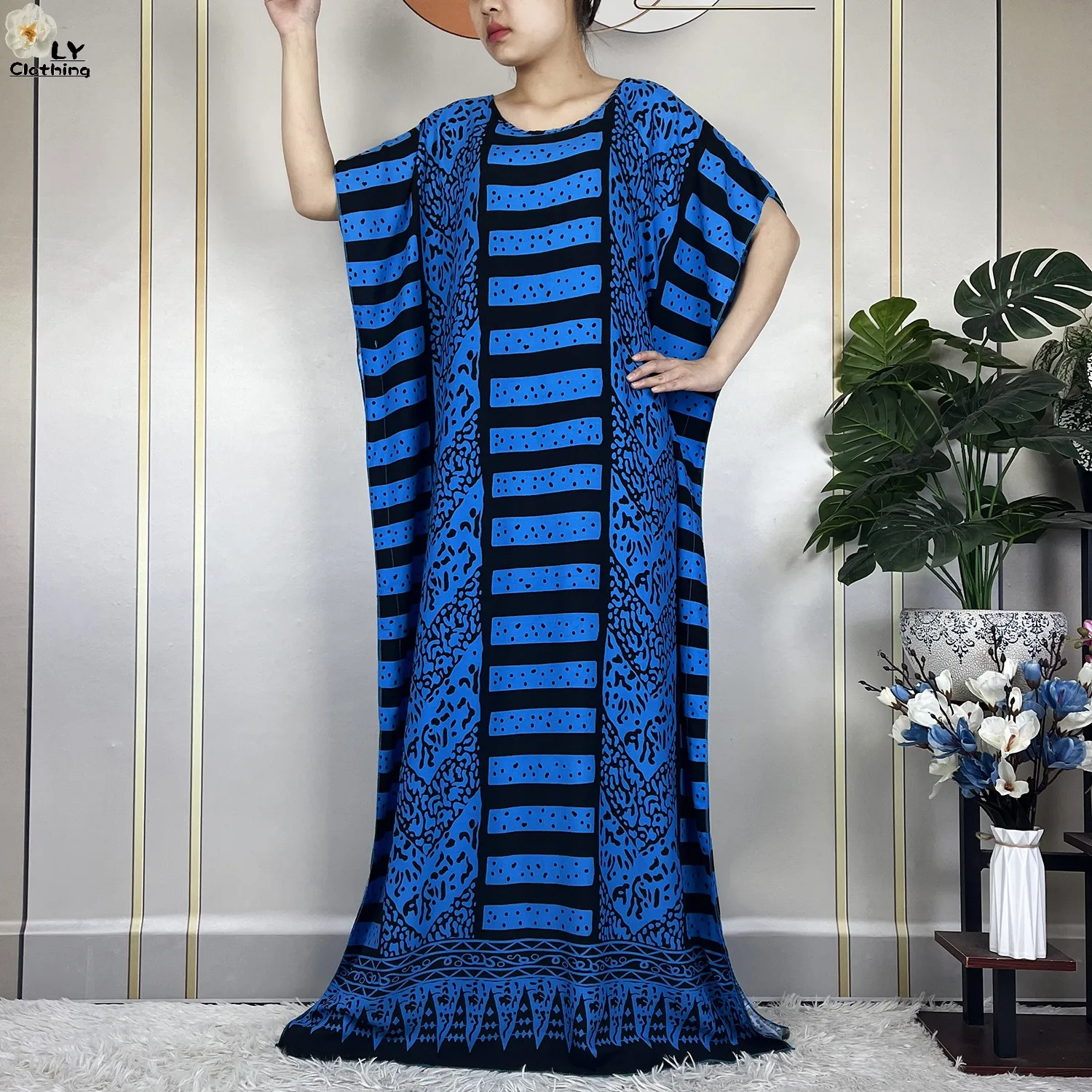 Latest Summer Fashion Short Sleeve Dress With Big Scarf 2024 African Women Dashiki Printed Cotton Maxi Islam Casual Loose Abaya