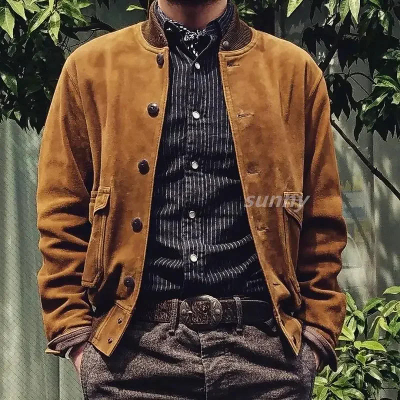 New Fashion Men's Suede Leather Coat Genuine Real Natural Cowhide Jacket Spring Autumn Fall Clothing for Male Brown 3xl xxxxl