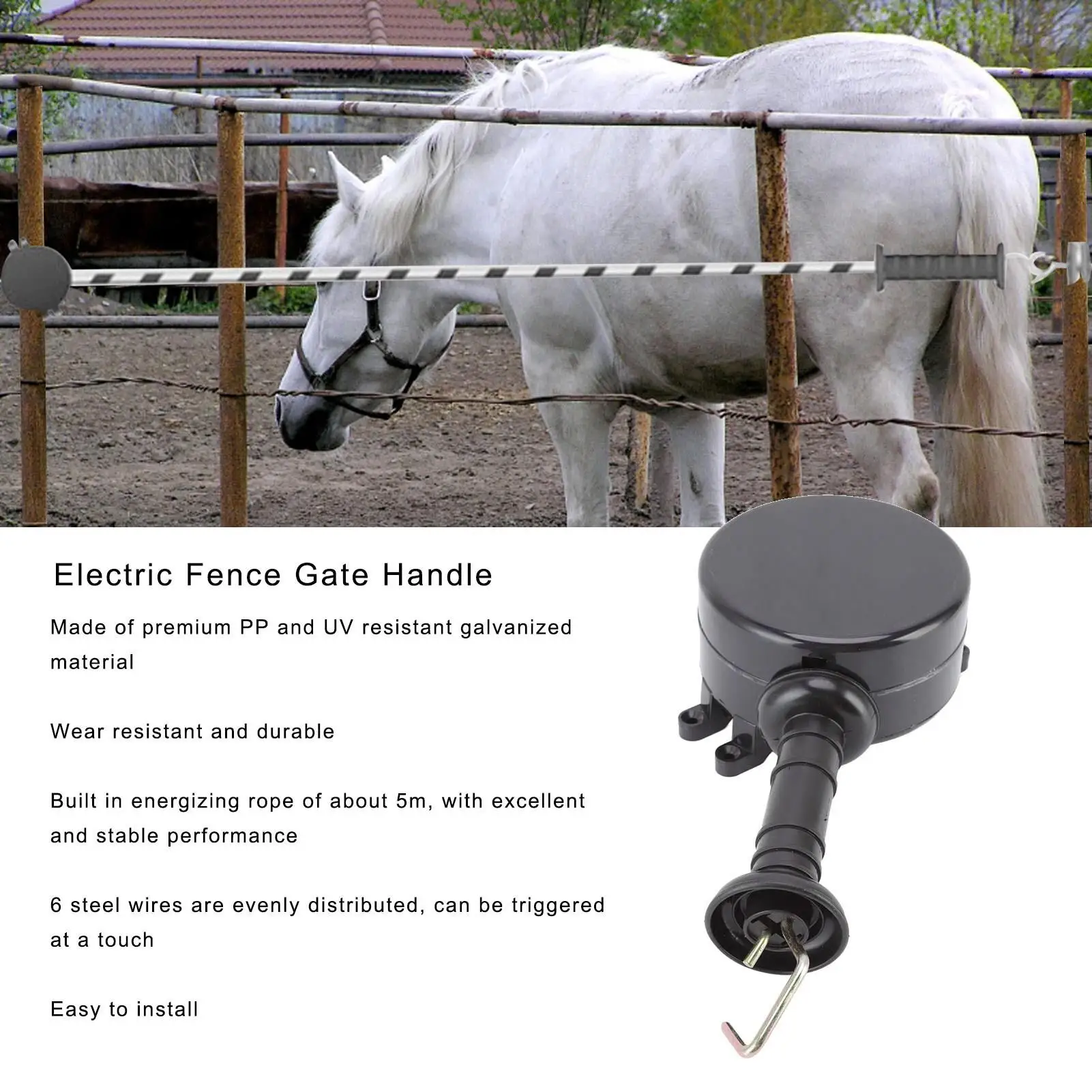 Retractable Electric Fence Gate Handle with 5M Insulated Rope - Durable for farm Gate Accessory for Livestock and Ranch Use