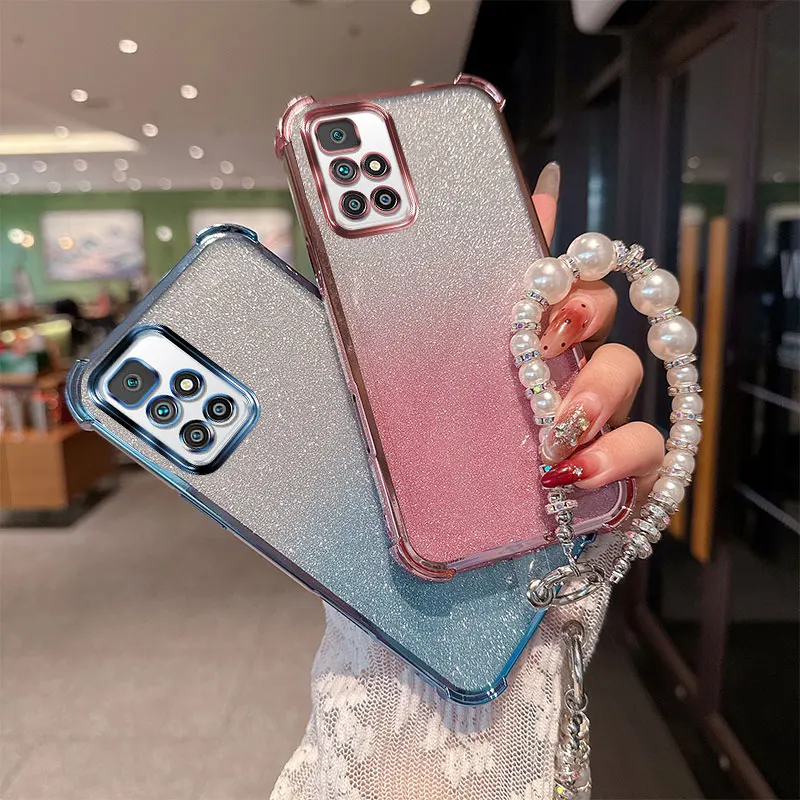 Gradient Glitter Stoßfeste TPU-Handyhülle mit luxuriösem Perlenketten-Handschlaufenband für Xiaomi Redmi 10 Prime 4G 2022 Rückseite