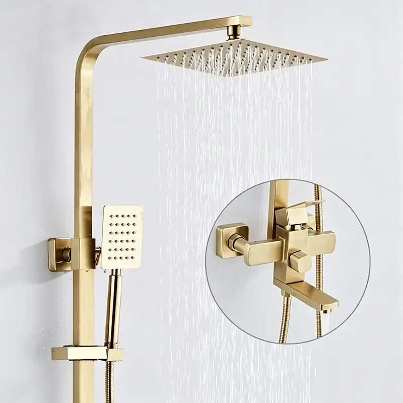 Brushed Gold Square Rain Shower System 304 Stainless Steel Hotel Use Ceramic 3 Functions Wall Mount Shower Set Hand Sprayer view 2
