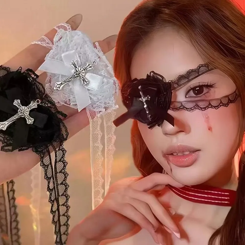 Gothic Style Lace Bows Heart Cross Eye Mask Sweet Cool Black White Lolita Cosplay Eye Patch Cloth Halloween Bowknot Eye Mask