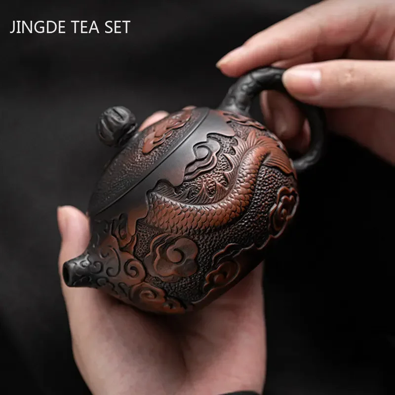 Retro Purple Pottery Teapot Hand-carved Dragon Pattern Xishi Pot Ball Hole Filter Beauty Tea Infuser Chinese Pu \'er Tea Set