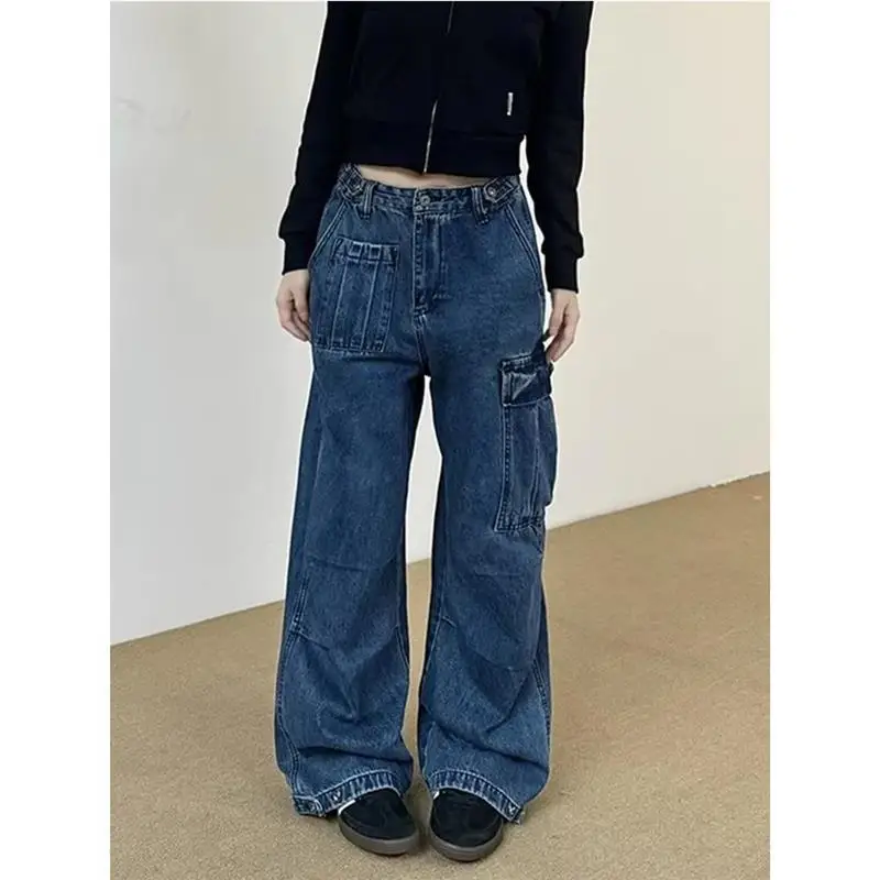 

Мужские джинсы в американском ретро-стиле, свободные, прямого кроя, повседневные, длинные брюки с регулировкой талии, с множеством карманов, модная рабочая одежда