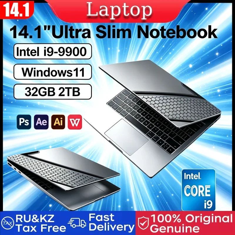 2026 New 14.1 Inch Windows 11 Laptop Intel Core I9 9900 16GB RAM 1TB/2TB SSD Fingerprint Unlock for Study Office Gaming