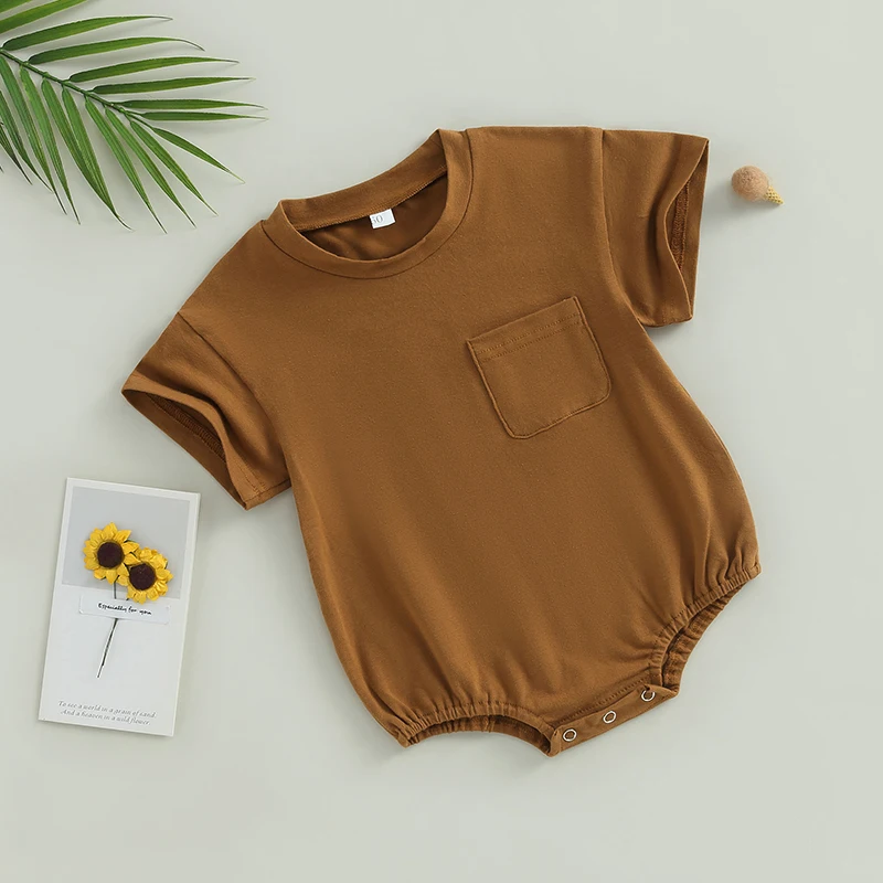 Casual Baby Boy Girl Solid Color Short Sleeve Bubble Romper Oversized T-Shirt With Pocket Bodysuit Summer Baby Jumpsuits Clothes