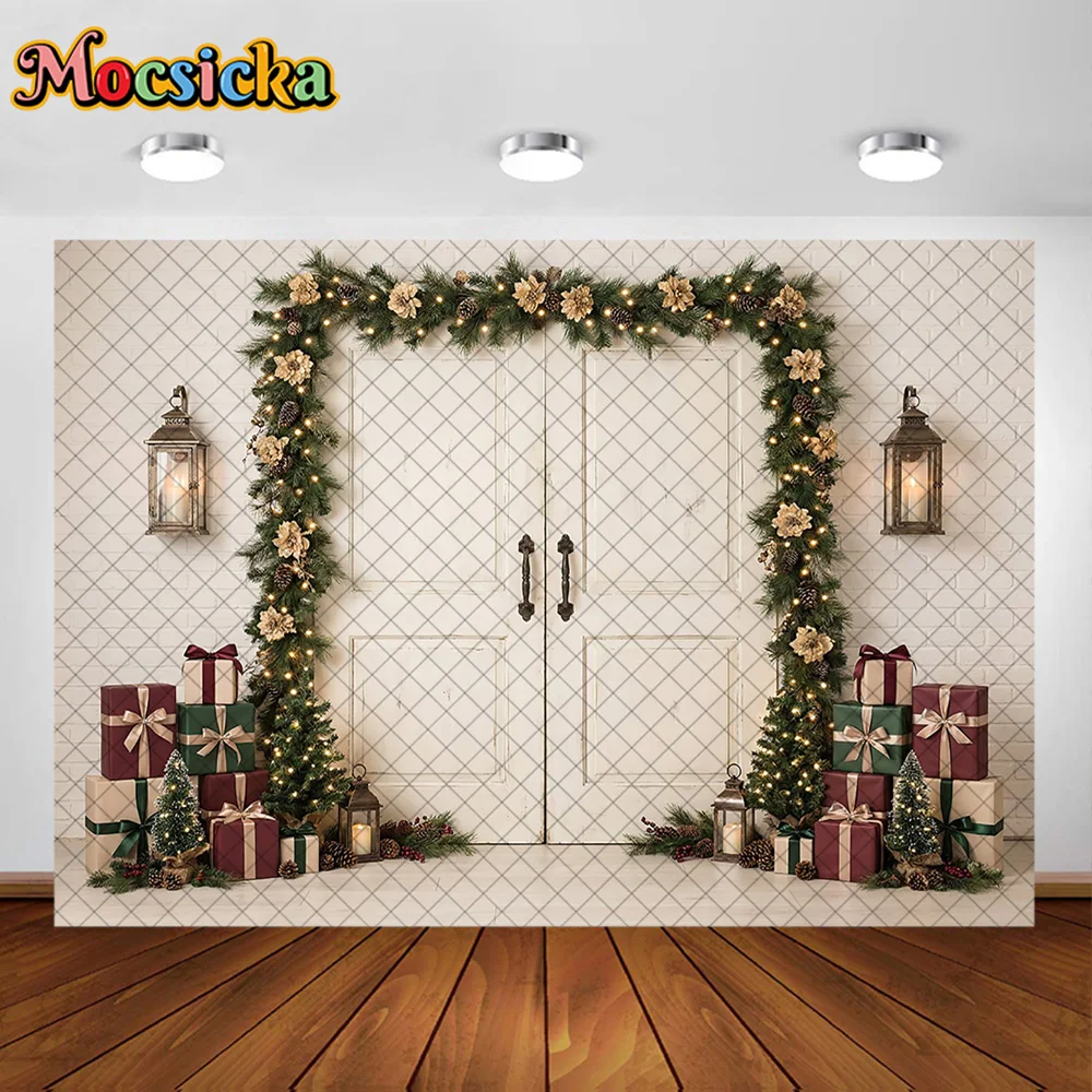 Mocsicka 3D Corner Room Photography Backdrop White Brick Wall Wooden Door Decoration Family Xmas Holiday Portrait Studio Props